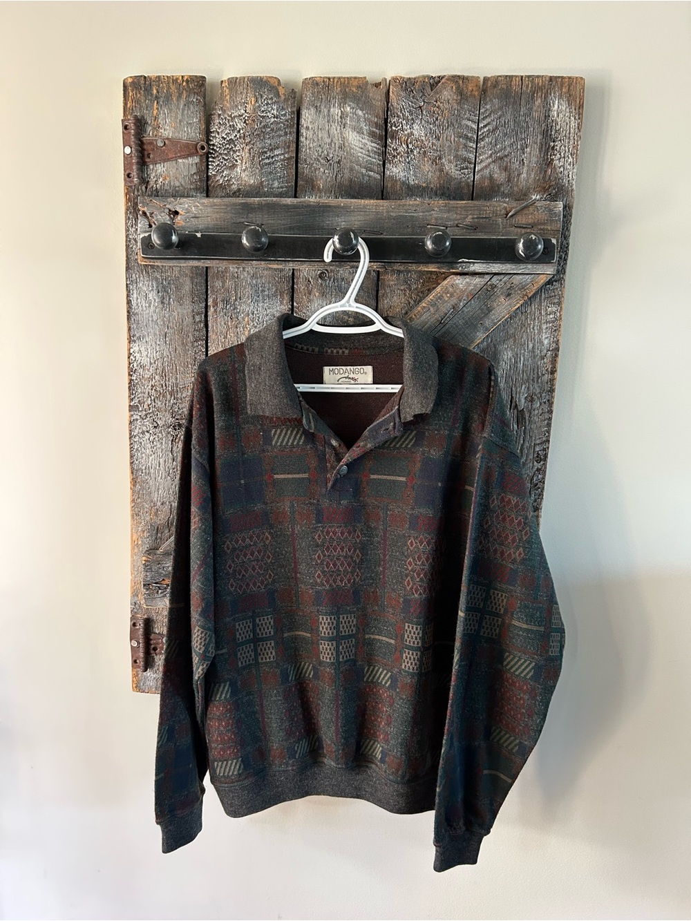 Men's Vintage Modango Long-Sleeve Patterned Polo Sweater - Dark Green/Burgundy